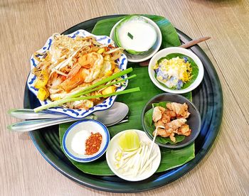 High angle view of meal served on table