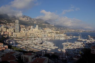 High angle view of city and buildings against sky