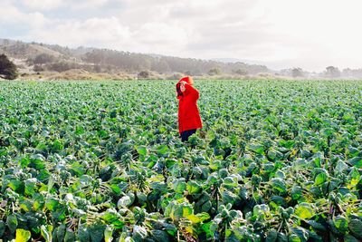 Woman standing by plants against sky