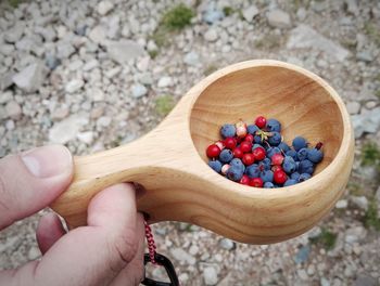 High angle view of hand holding cup of berries.