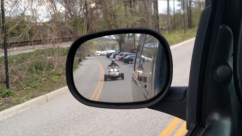 Reflection of trees in side-view mirror