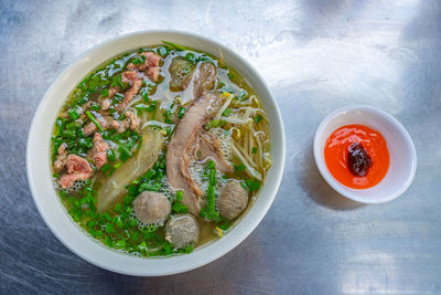 High angle view of food in bowl on table