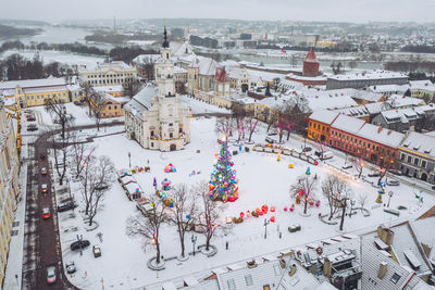 Drone aerial view of kaunas christmas tree and market