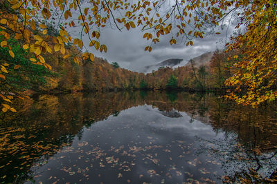 Scenic view of lake by trees against sky during autumn