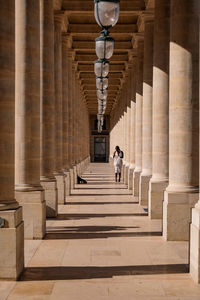 Rear view of man walking in historic building