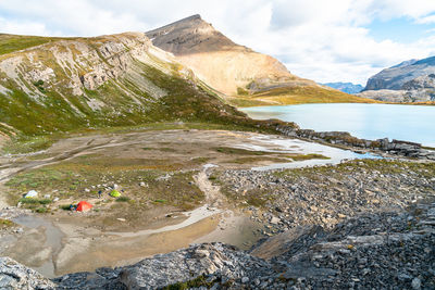 Backpackers wilderness camping at remote michelle lakes wilderness