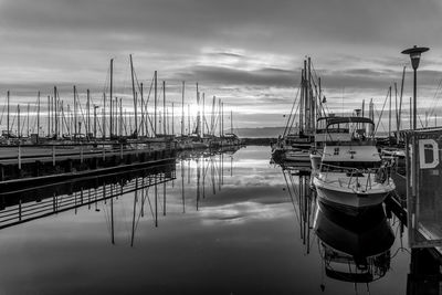 The sun sets behind the marina in des moines, washington.