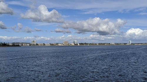 Panoramic shot of sea by city against sky