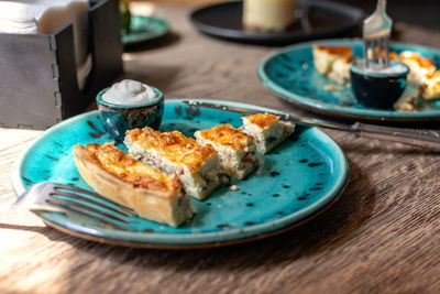 Close-up of breakfast served on table