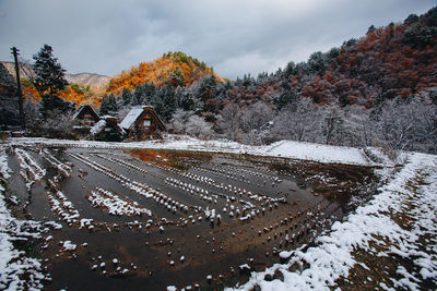 Snow covered field against sky