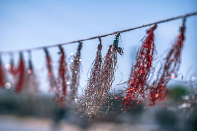Low angle view of decor hanging from string against sky