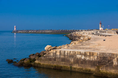 Sunny early spring day at the beautiful promenade along the porto coast near the douro river mouth