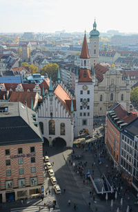 High angle view of heiliggeistkirche church at marienplatz in city