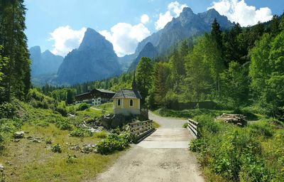 Scenic view of trees and mountains against sky