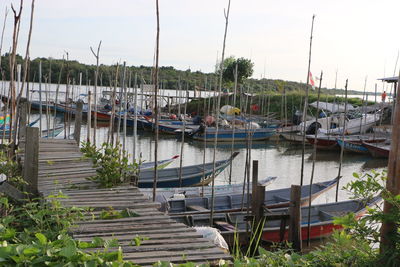 Boats moored at harbor against sky