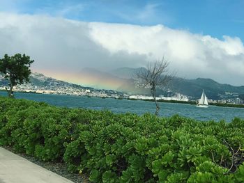 Scenic view of bay against sky