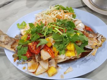 High angle view of meal served in plate