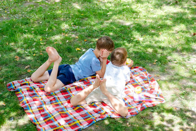 Two boys lie on a blanket in a green park. children read a book lying on the ground, in the park. 