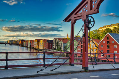 Bridge over river by buildings in city against sky