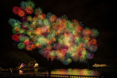 Low angle view of firework display over river against sky at night