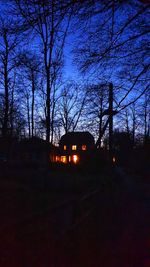 Silhouette bare trees by illuminated building against sky at night