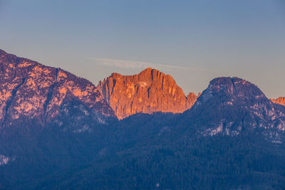 Scenic view of rocky mountains against sky during sunset