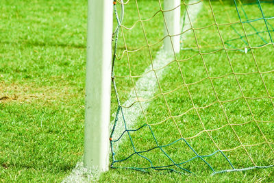 High angle view of goal post on playing field