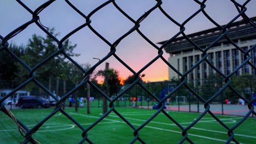 Close-up of soccer field seen through chainlink fence