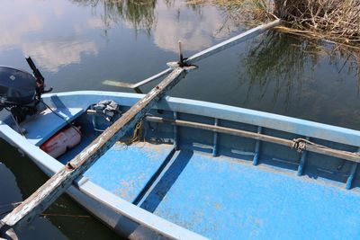 High angle view of boats moored in lake