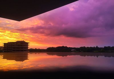 Scenic view of calm lake at sunset