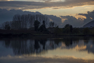 Scenic view of lake against sky at sunset