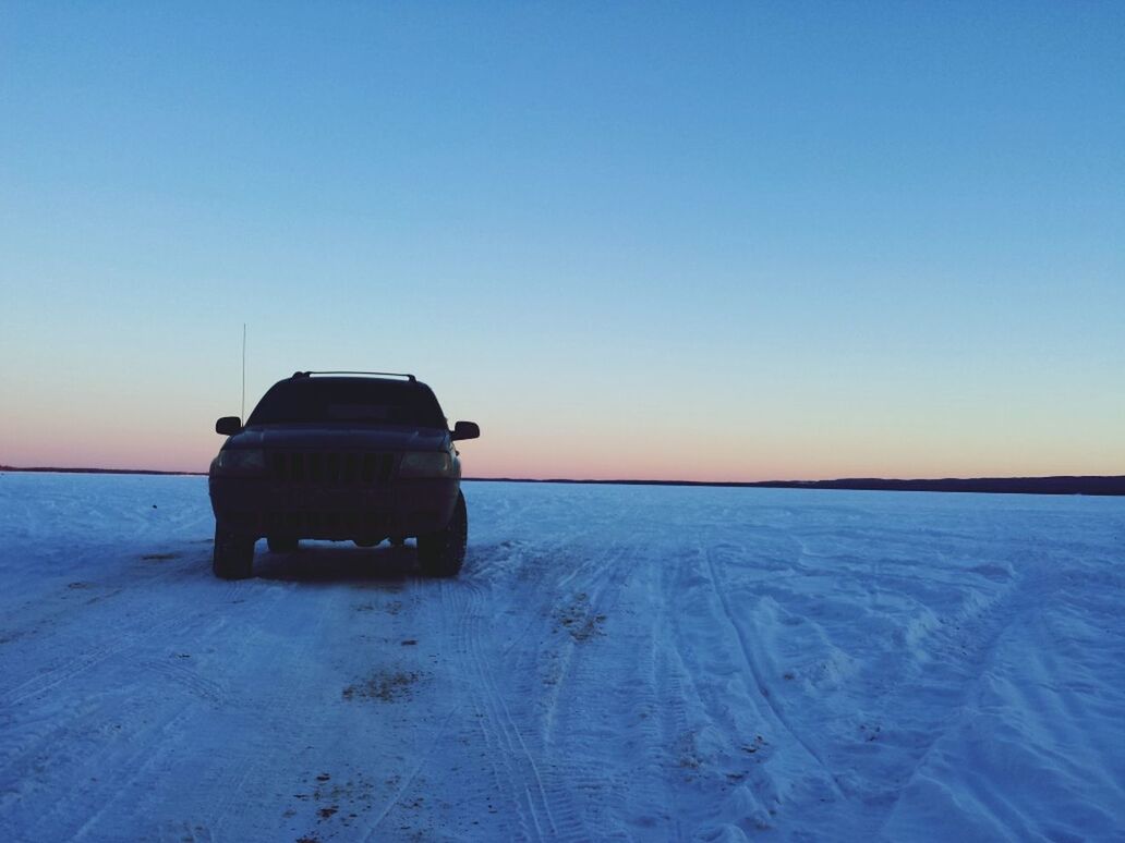 snow, transportation, winter, cold temperature, mode of transport, clear sky, copy space, sunset, tranquil scene, tranquility, nature, land vehicle, beauty in nature, car, scenics, season, sky, travel, weather, covering