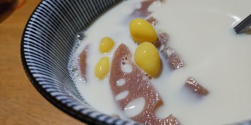 High angle view of breakfast in plate on table