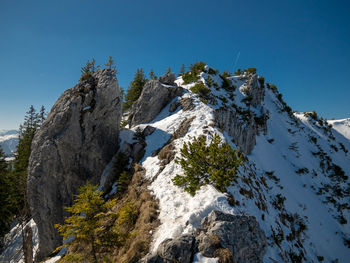 Low angle view of snowcapped mountains against clear sky