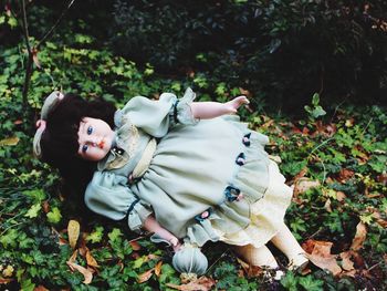 High angle view of doll on field