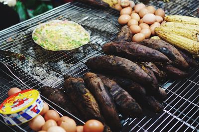 High angle view of vegetables on barbecue grill