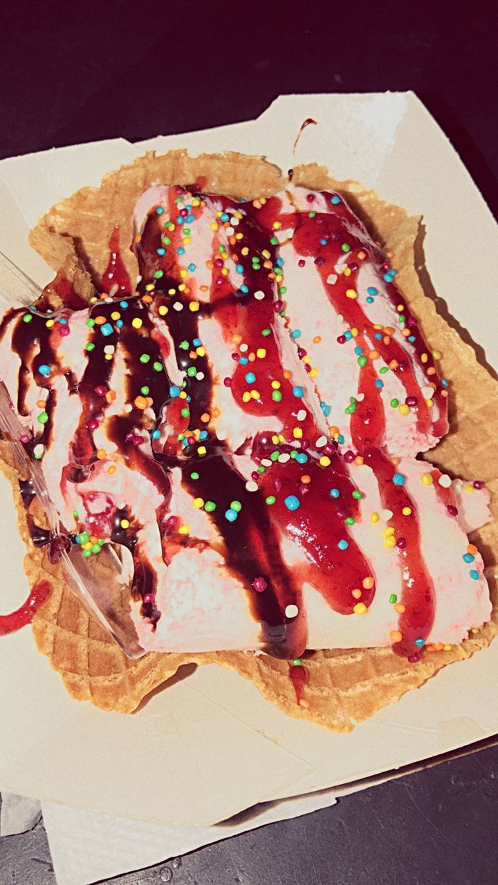 CLOSE-UP OF SERVED CAKE WITH MULTI COLORED CANDIES