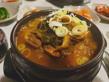 High angle view of soup in bowl on table