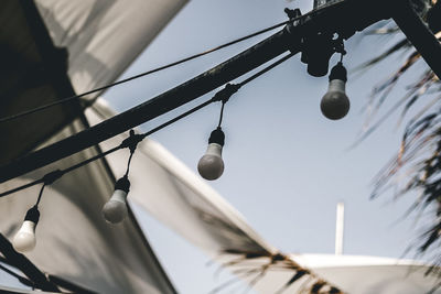 Low angle view of light bulbs hanging from ceiling