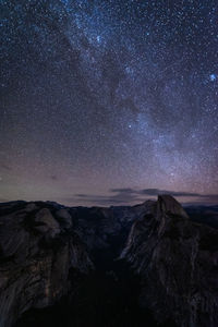 Scenic view of mountains against sky at night