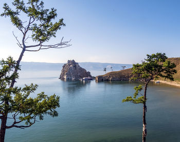 Rock of shamans near olkhon island on baikal lake.