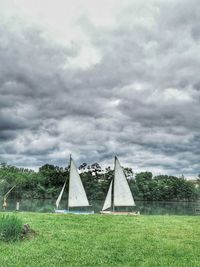 Built structure on field against sky