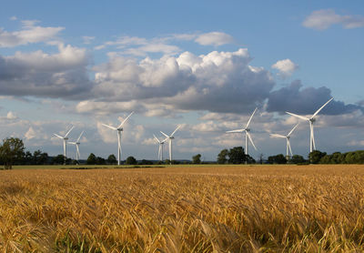 Wind turbines in a field against sky