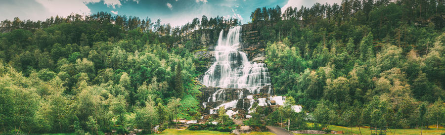 Panoramic view of waterfall in forest