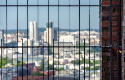 City seen through glass window