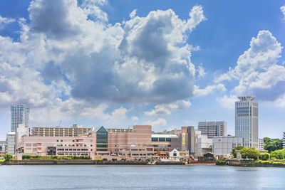 Buildings by river against sky in city