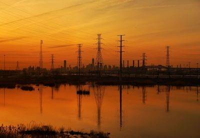 Electricity pylon by factory against sky during sunset