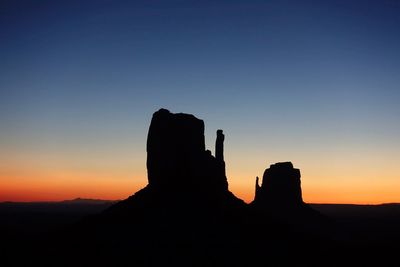Silhouette rocks against clear sky during sunset