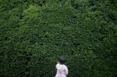 Rear view of child standing by tree