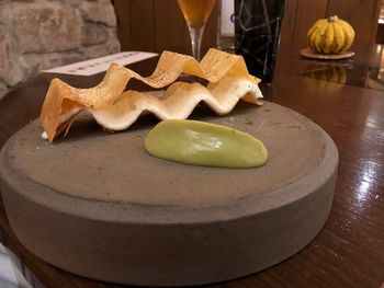 High angle view of bread in plate on table